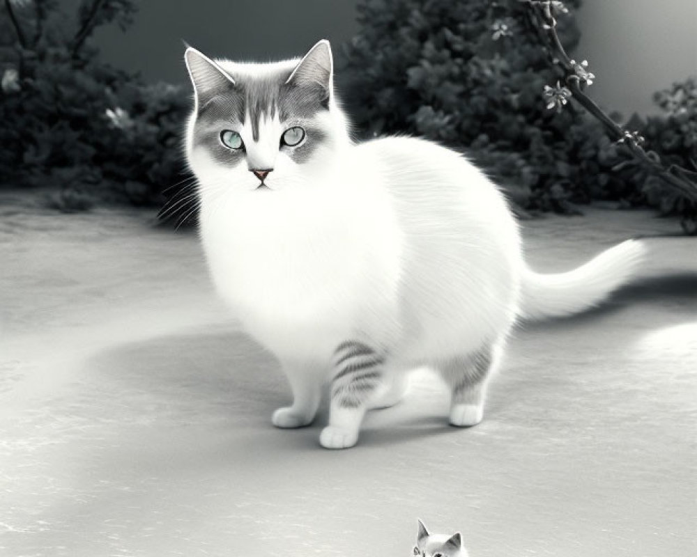 Monochrome image of large cat with blue eyes and smaller cat on textured surface with floral branches