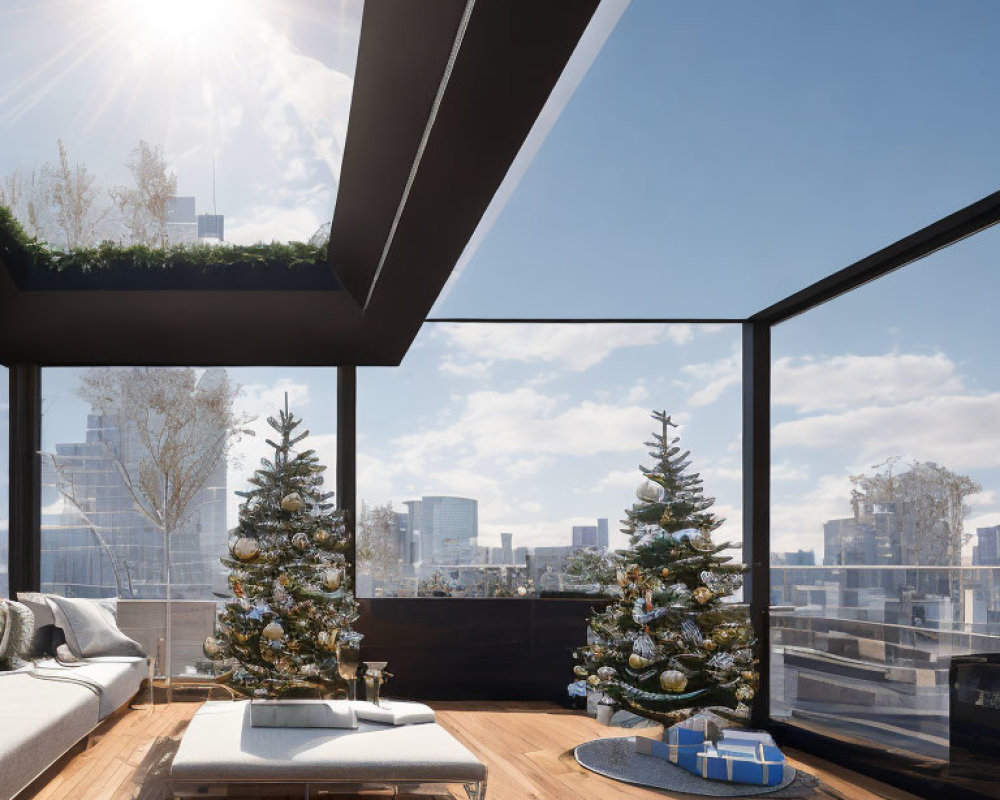 Contemporary balcony with glass railings, Christmas trees, presents, cityscape view, and sunny sky