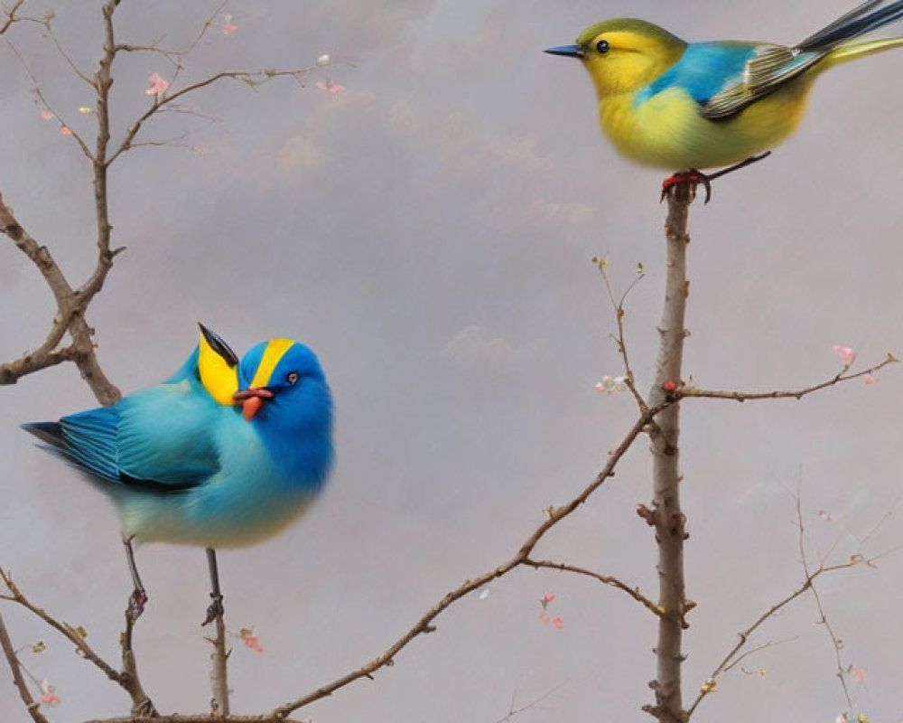 Vibrant Birds on Branches with Pink Flowers and Cloudy Sky