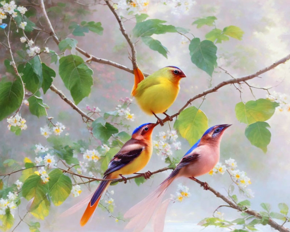 Colorful Birds Perched on Blooming Branch in Soft Pastel Setting