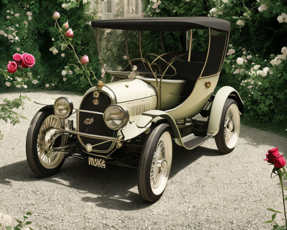 Classic Green Car with Brass Details Parked by Blooming Rose Bushes