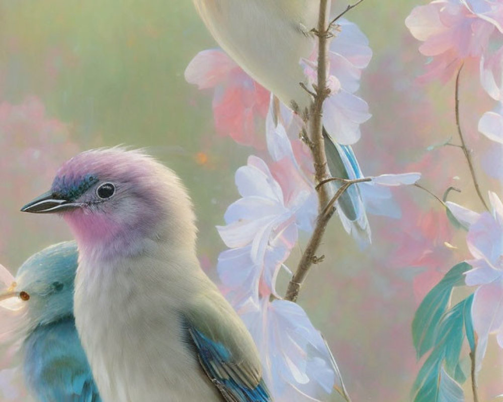 Colorful Birds on Blooming Branch with Pink and Blue Feathers