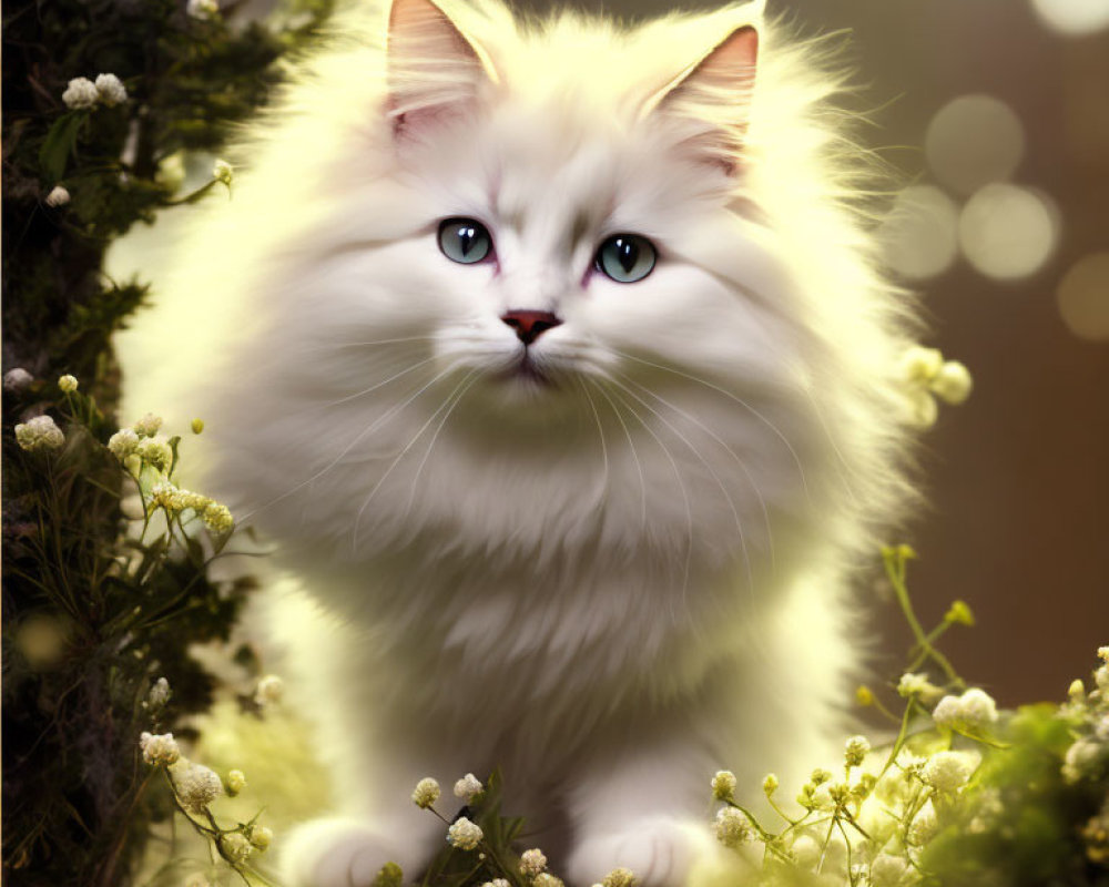 Fluffy White Cat with Blue Eyes in Greenery and Flowers