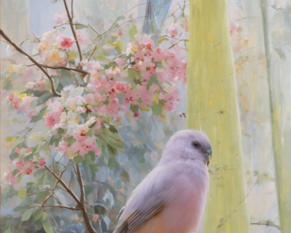 Soft Blue Bird Perched on Branch Among Blush Flowers & Peacock