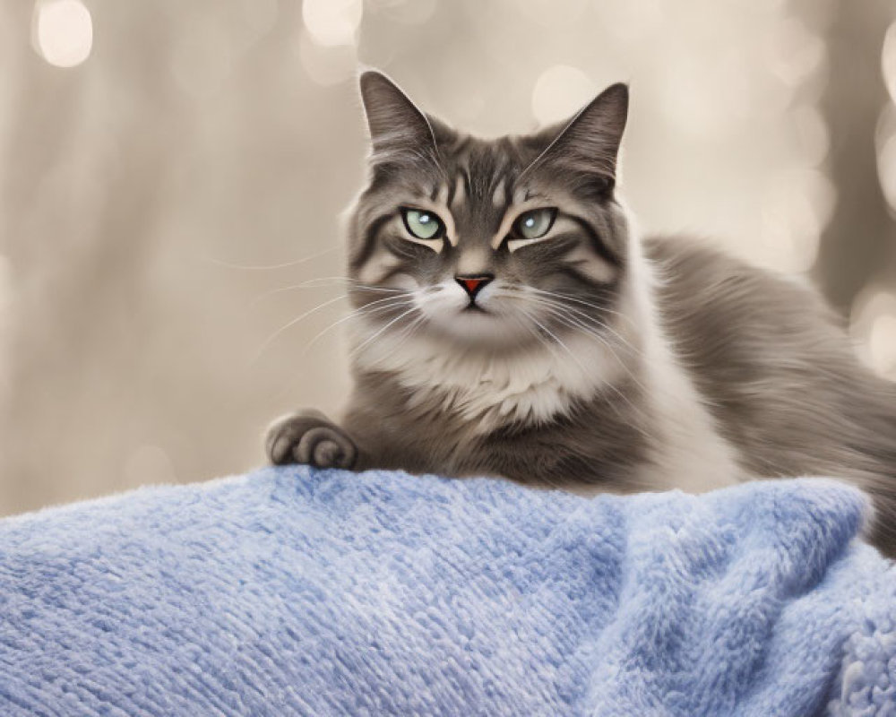 Fluffy Gray Cat with Blue Eyes on Blue Blanket