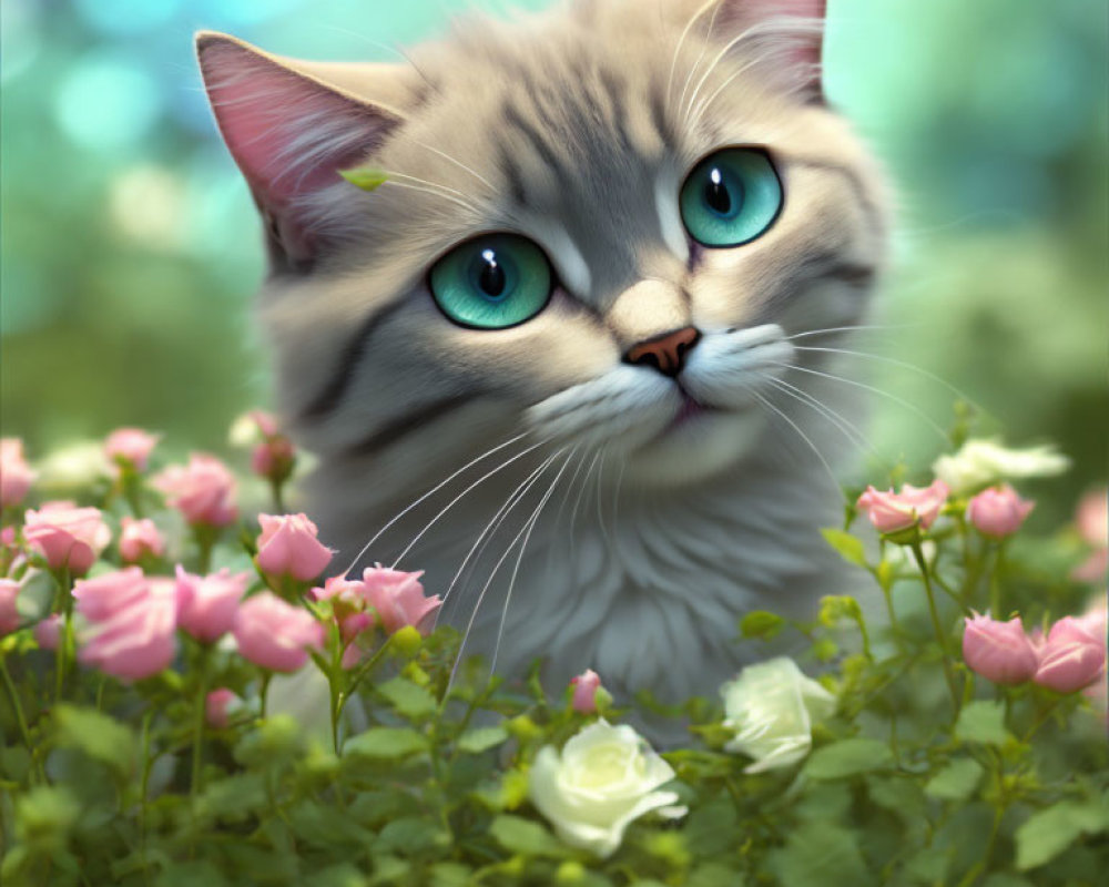 Blue-eyed fluffy cat in pink and white rose garden with dreamy background