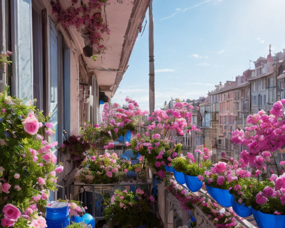 Vibrant pink flowers on balcony overlooking historical street.