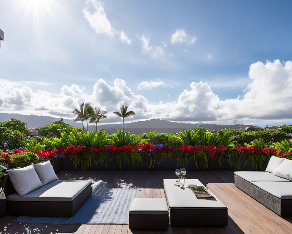 Sun Loungers on Terrace Overlooking Tropical Landscape with Palm Trees and Blue Sky