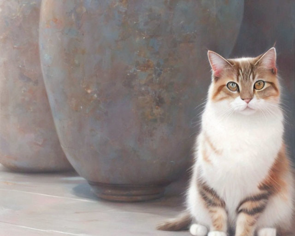 Calico Cat Sitting Beside Rustic Pot on Wooden Floor