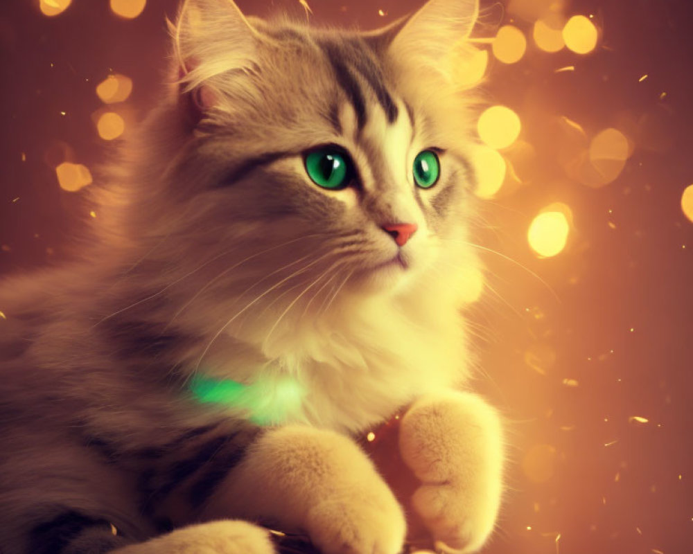 Fluffy cat with green eyes resting among warm bokeh lights