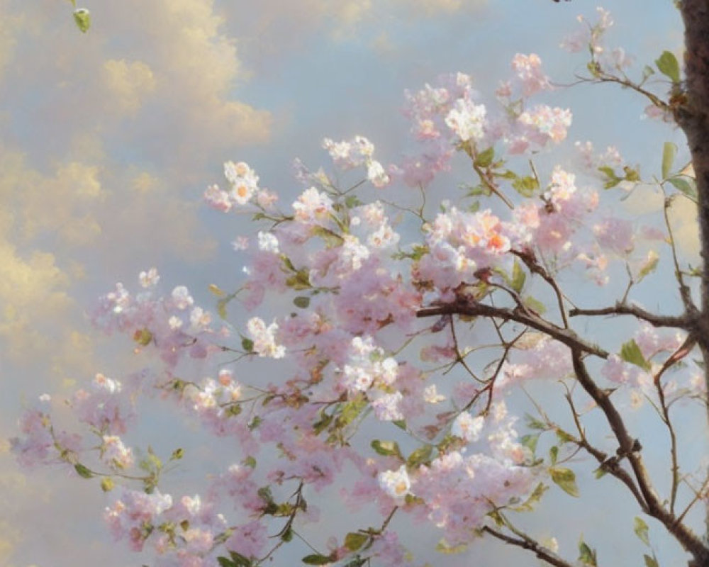 Colorful bird on branch with pink blossoms against blue sky