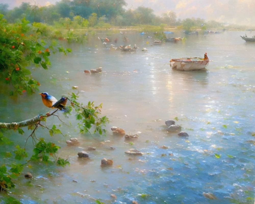 Tranquil river scene with ducks, boat, blossoming trees, and vibrant bird