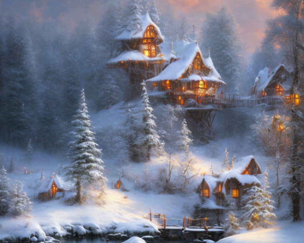 Snowy Winter Landscape: Cozy Cottage, Bridge, and Twilight Ambiance