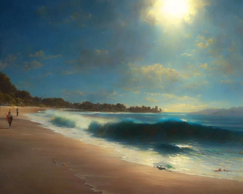 Serene beach landscape with sunlight, frothy waves, sandy shore, distant figures, and city skyline