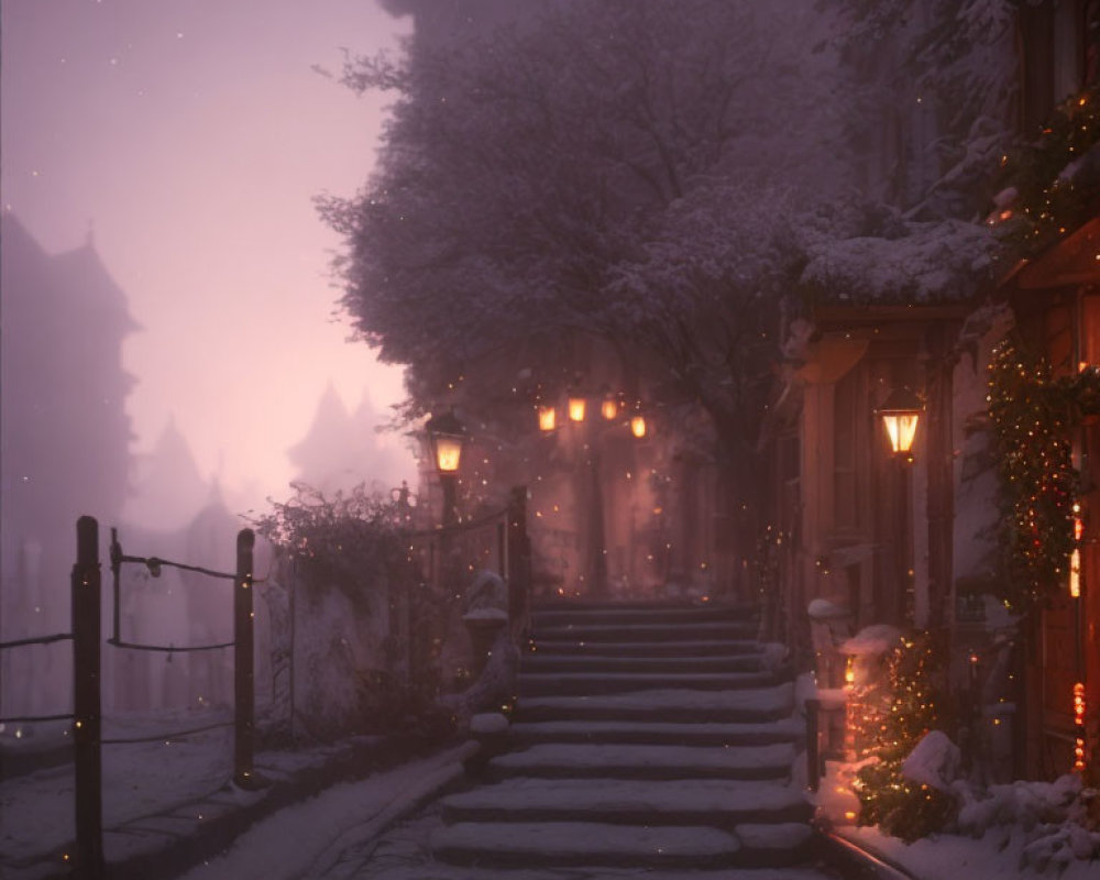 Quaint town steps with snow, warm windows, holiday decor & dusk snowfall