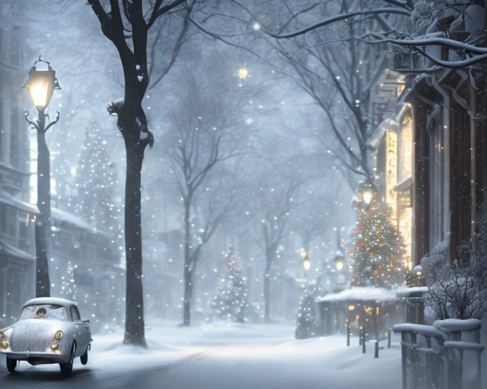 Snowy Dusk Street Scene with Vintage Car and Christmas Tree