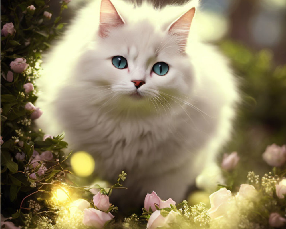 Fluffy White Cat with Blue Eyes Surrounded by Flowers and Greenery