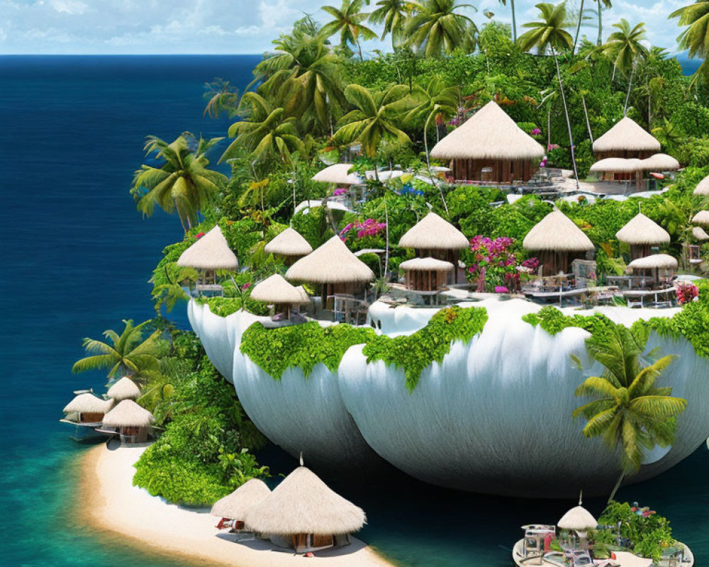 Thatched-Roof Villas on Cliff-Edged Tropical Island