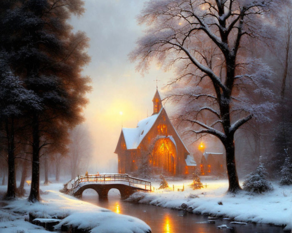 Snowy church by river bridge in hazy winter sunset