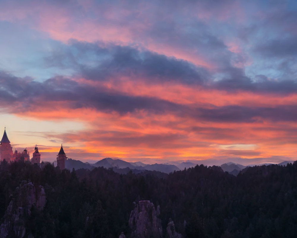 Castle silhouette against vibrant sunset with pink and orange clouds over forested mountains.