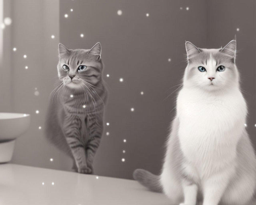 Two Cats with Striking Blue Eyes by Mirror Reflecting Starry Illusion