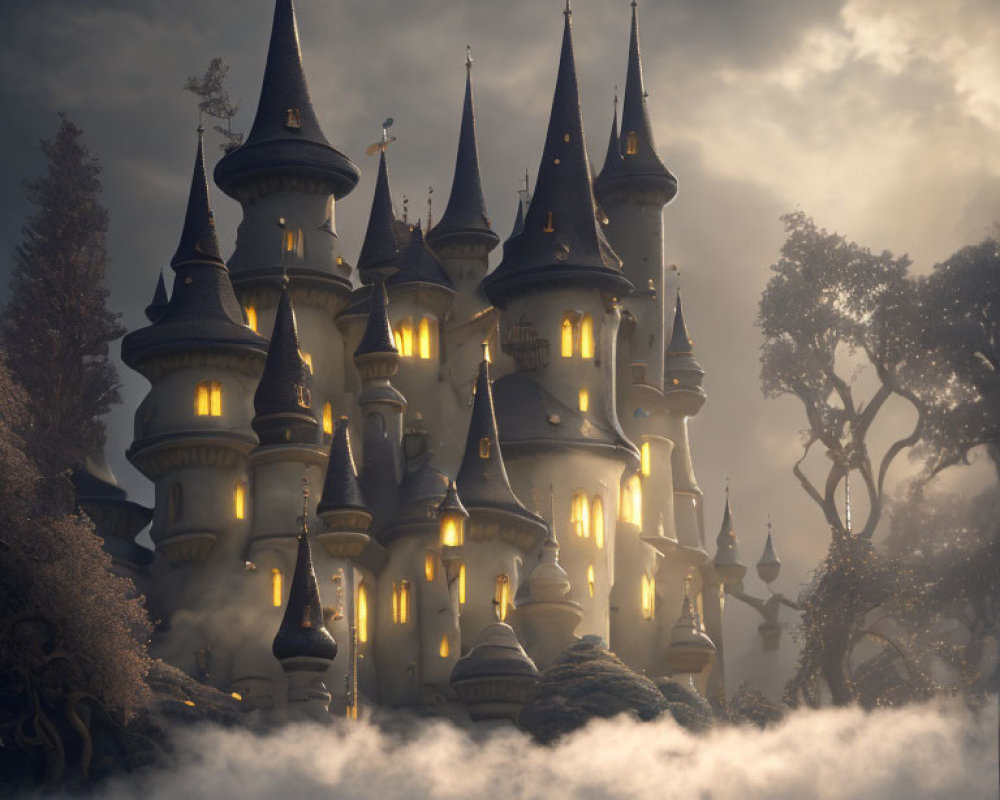 Enchanting castle with illuminated windows in mystic fog