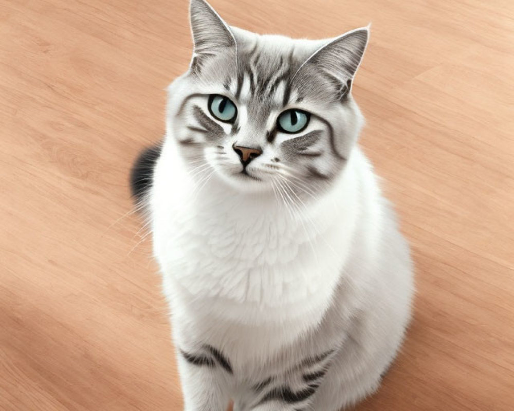 Grey and White Cat with Blue Eyes on Wooden Floor