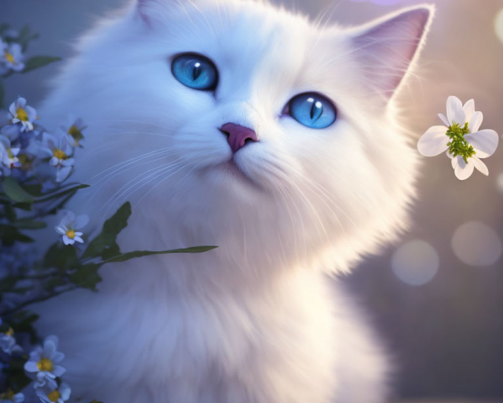 White Cat with Blue Eyes Surrounded by Flowers in Soft Light