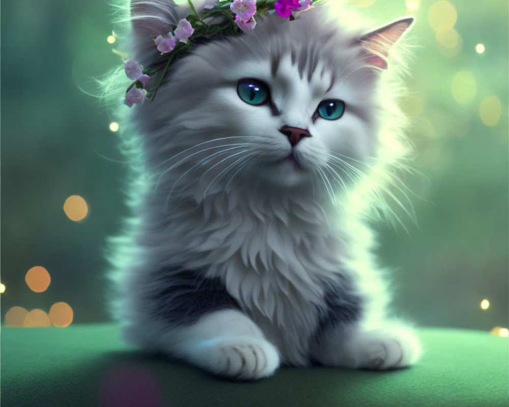 Fluffy Cat with Blue Eyes in Flower Crown on Bokeh Background