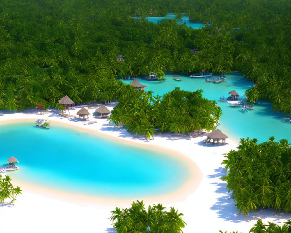 Tropical Bay with Turquoise Waters, White Beach, Palm Trees, Thatched Huts