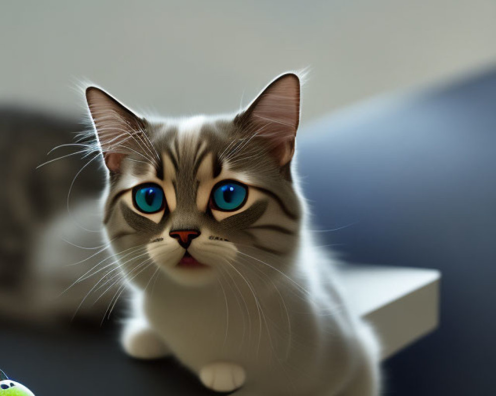 Blue-eyed cat with unique facial markings on shelf with green toy ball