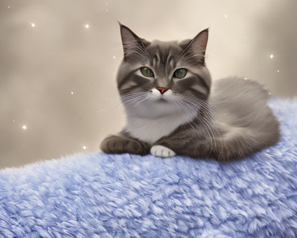 Grey and White Cat with Green Eyes Resting on Soft Blue Surface