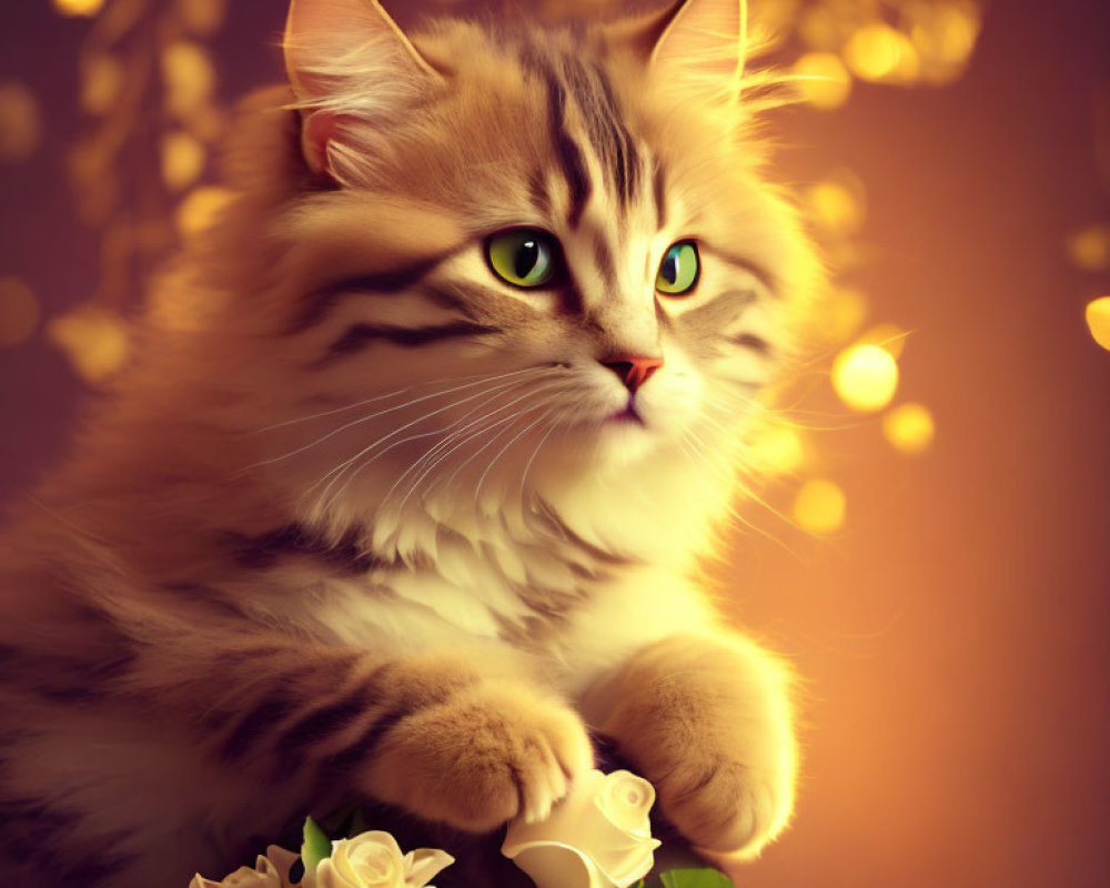 Tabby Cat with Green Eyes Among White Roses and Bokeh Lights