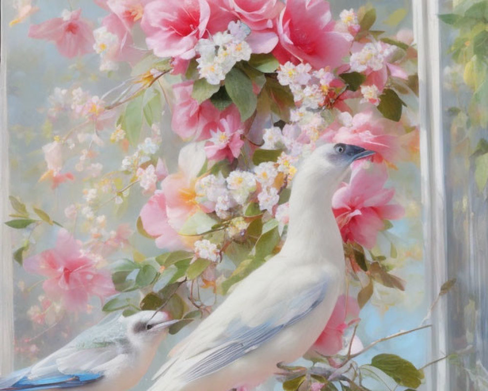 Birds among Pink Flowers: Perched and in Flight near Window