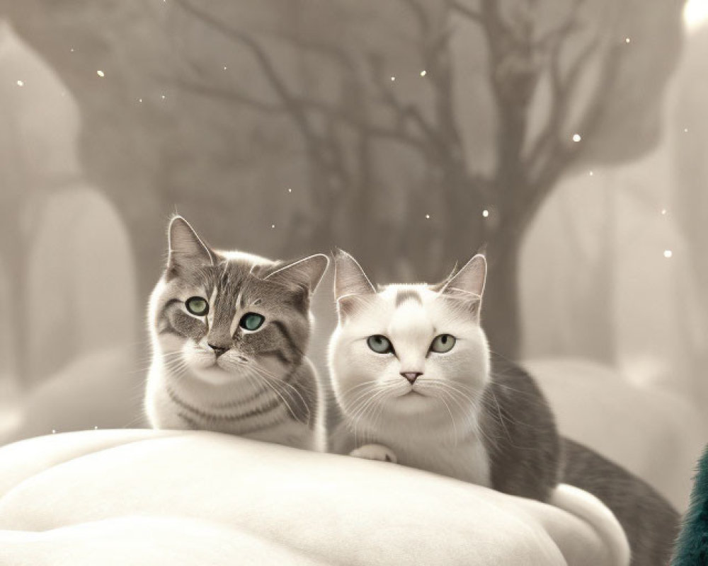 Two Cats Resting on Soft Surface in Dreamlike Landscape