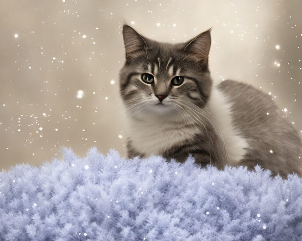 Fluffy Gray and White Cat on Frosty Blue Surface