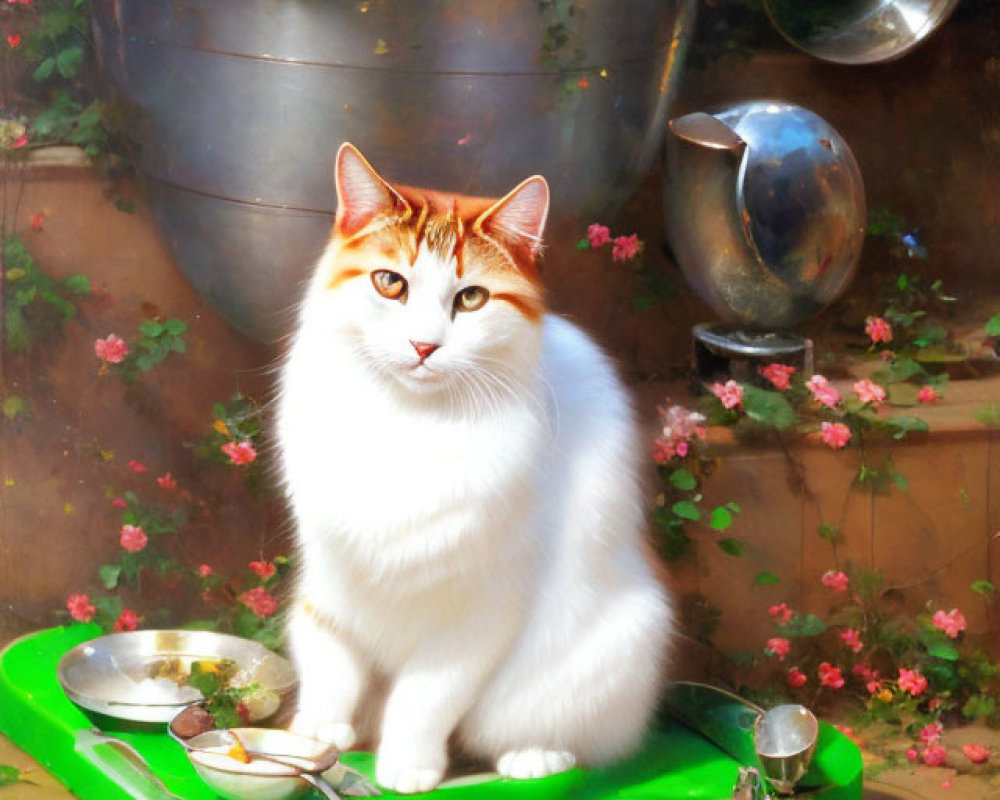 Fluffy white and ginger cat on green tray with silverware and flowers