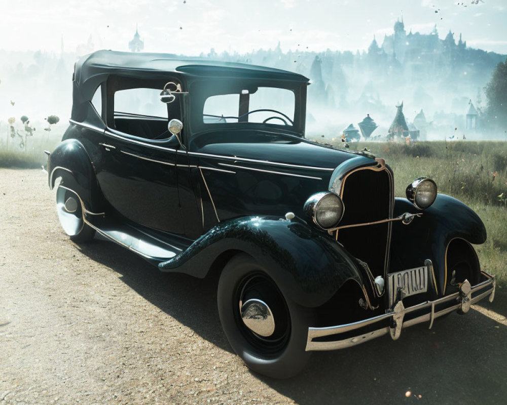 Vintage Black Car on Dusty Road with Dandelions and Castle Background