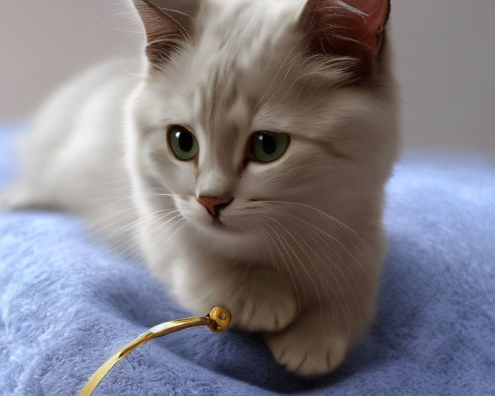 Fluffy white cat with green eyes on blue blanket with golden hoop toy