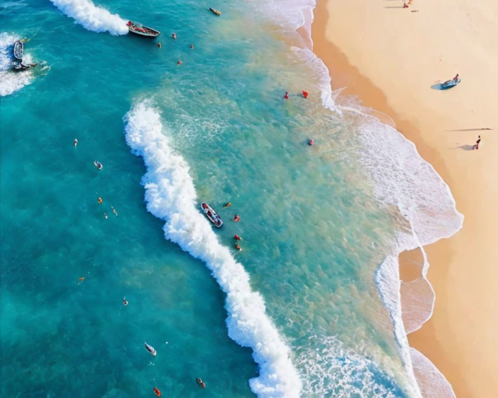 Vibrant beach scene with clear blue waters, white waves, people swimming, and boats near the