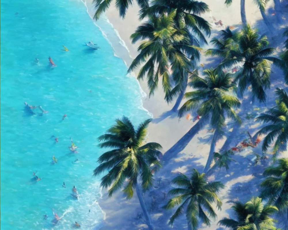 Tropical Beach Scene with Swimmers and Surfers in Turquoise Water