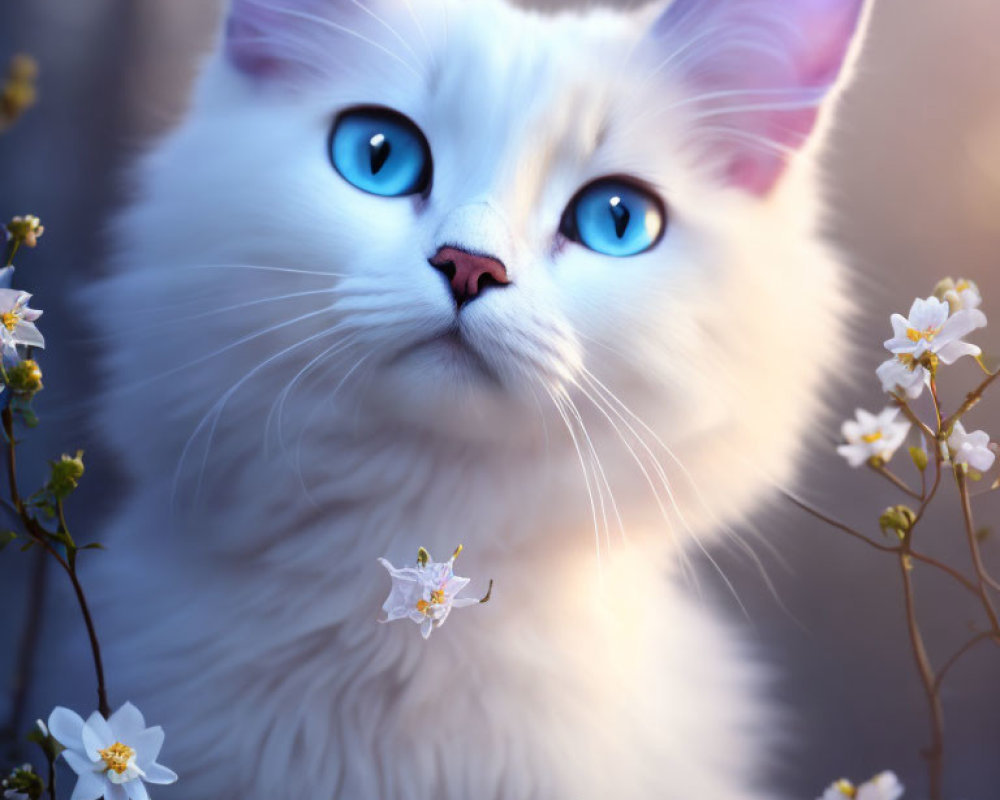 White Fluffy Cat with Blue Eyes Surrounded by White Flowers