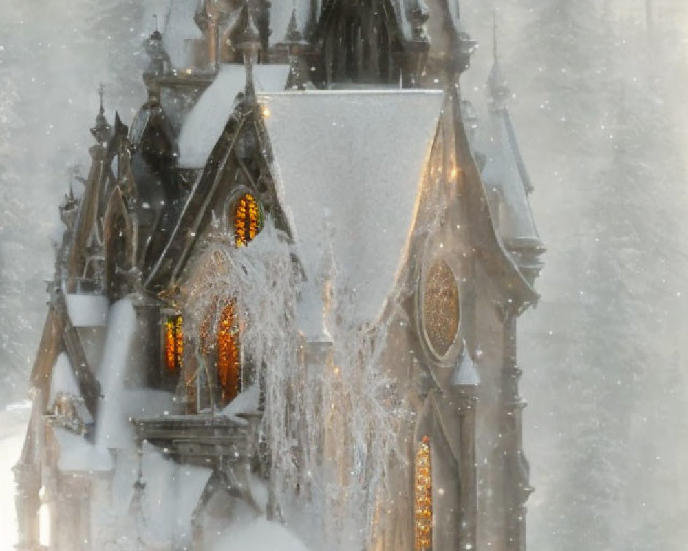 Snow-covered gothic chapel with warm glow and people walking nearby