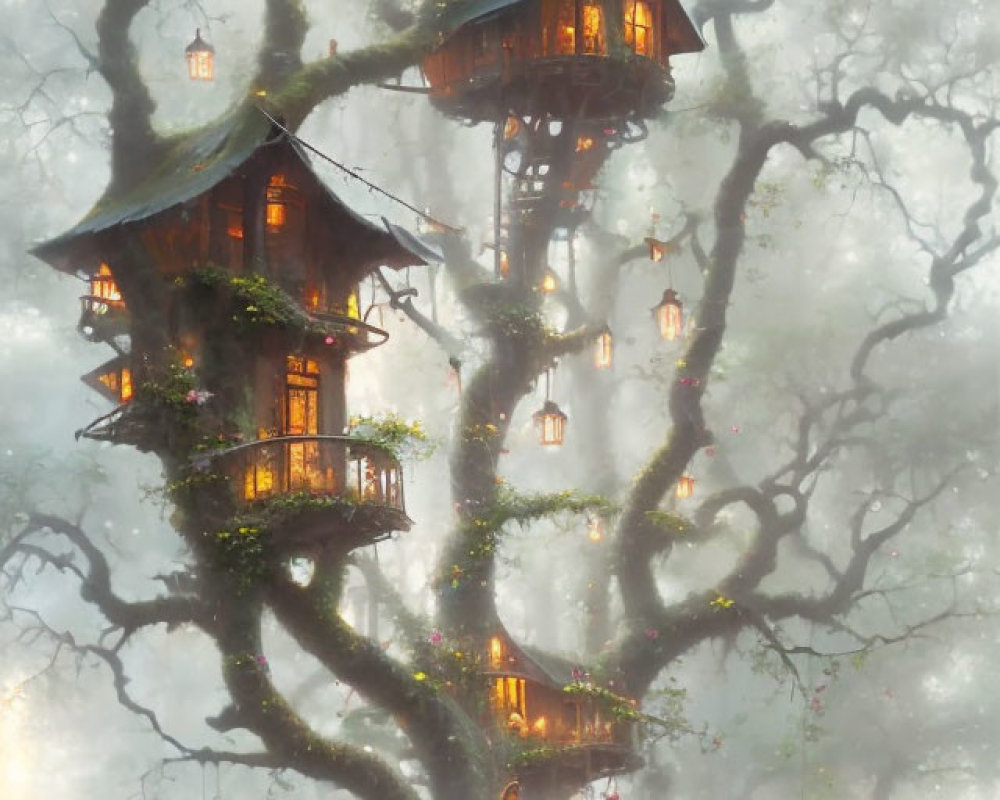 Enchanting treehouse in misty forest with warm lights