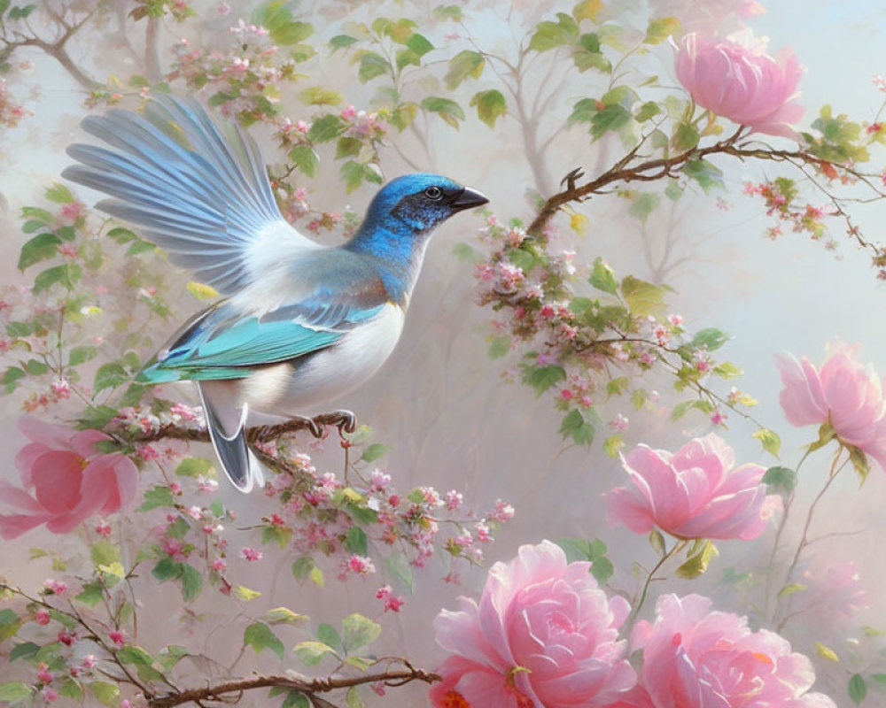 Blue bird perched among pink roses and blossoms in misty garden