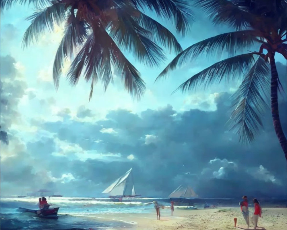 Tropical beach scene with palm trees, people, boat, and sailboats under cloudy sky