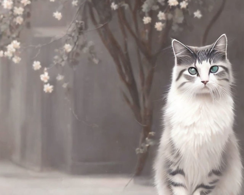 Adult Cat with Striking Blue Eyes Beside Blossoming Tree, Small Kitten Mirroring Pose