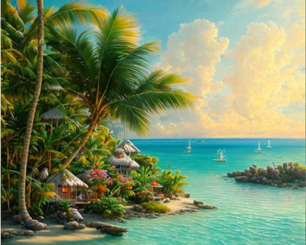 Tropical beach scene with palm trees, thatched huts, and sailboats