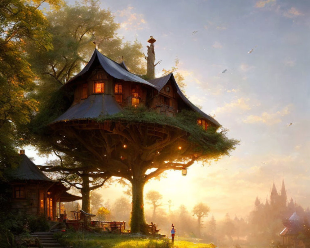 Whimsical treehouse with warm lights in grand tree overlooking serene landscape at sunset