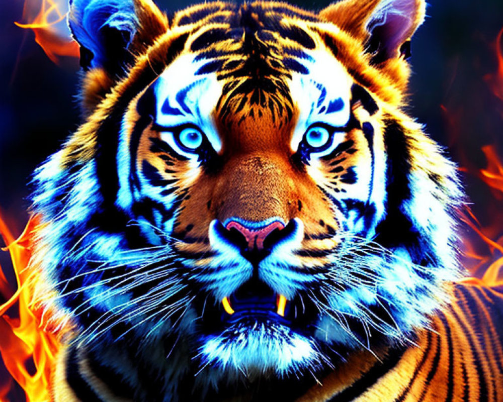 Vibrant digital art: Tiger's face with blue eyes in fiery backdrop